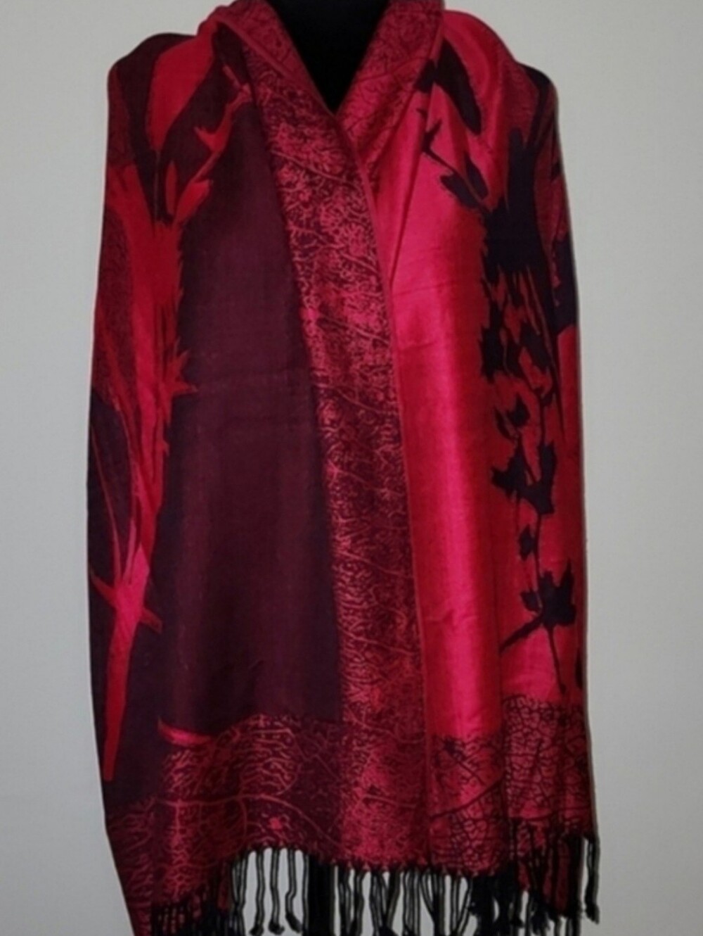 Reversible Red Black Floral Pashmina Wrap Fringe Shawl Large Scarf